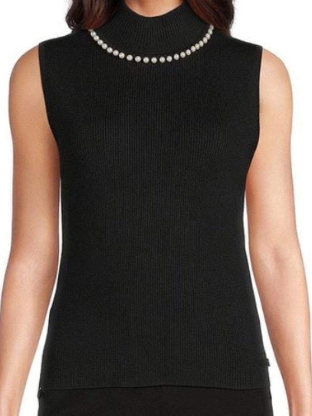 Karl Lagerfeld Paris Sleeveless Sweater Top Black Ribbed Mock Neck Pearl Large
